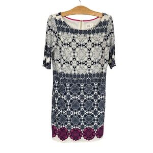Eliza J Navy White Pink Medallion Classy Sheath Dress Elbow Sleeve Women's 8 EUC
